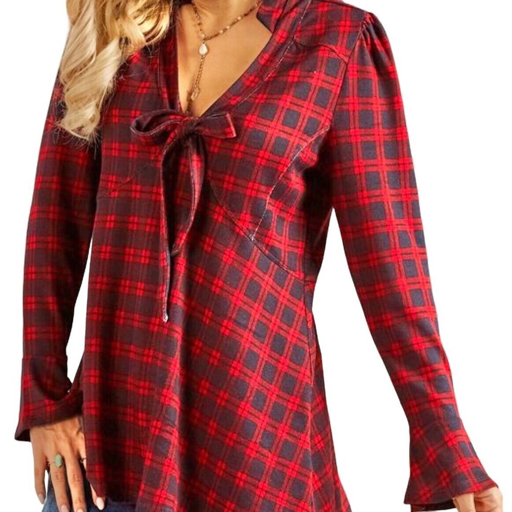 Susan Betro Buffalo Plaid Top Red & Navy V-neck Tie front Tunic NWT